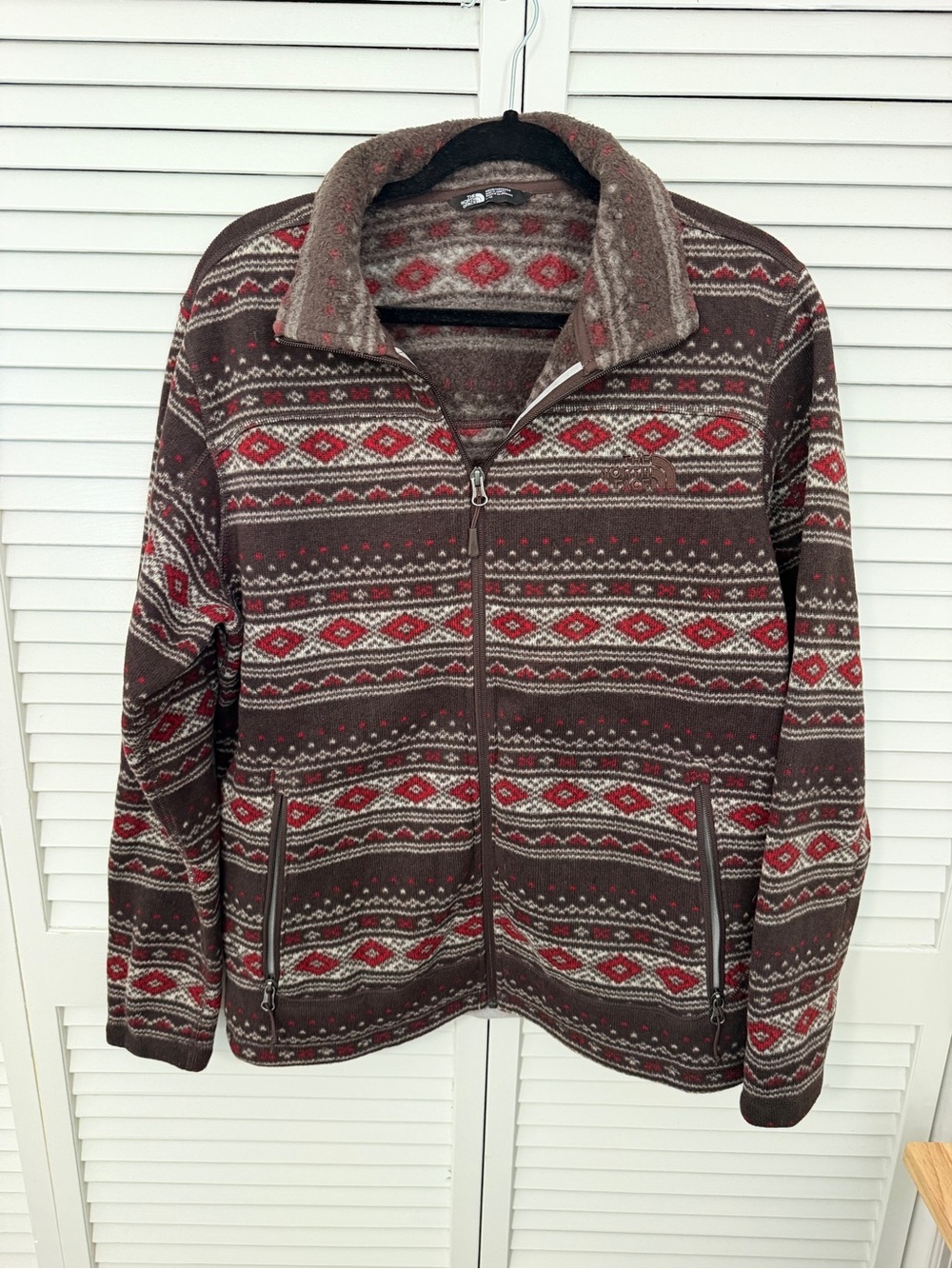 The North Face Brown and Red Fair Isle Zip-Up Sweater Size L